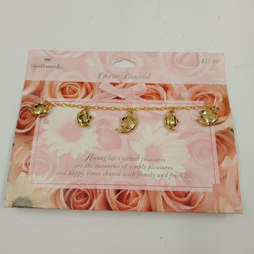 Hallmark Jewelry Gold Tone Teapots Charm Dangle Bracelet Toggle Closure 7"
